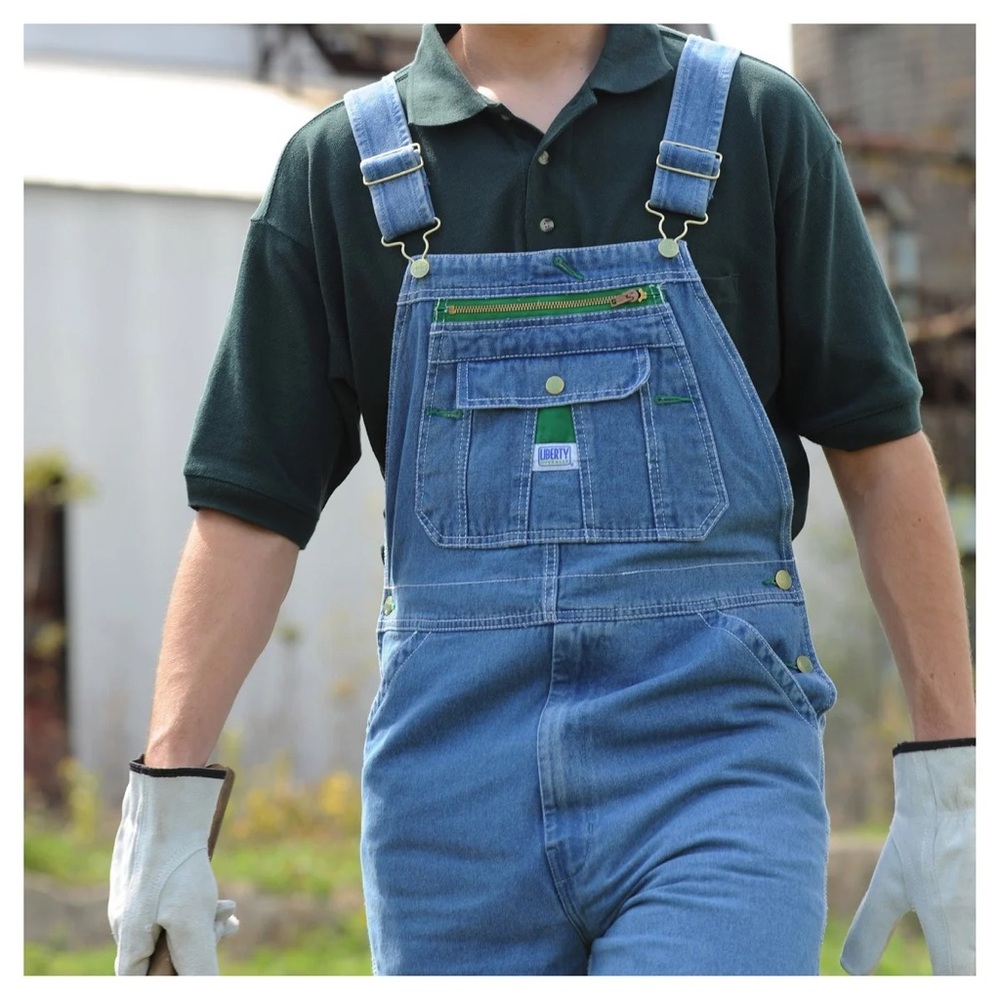 Liberty Blue Denim Overalls with Green Accents